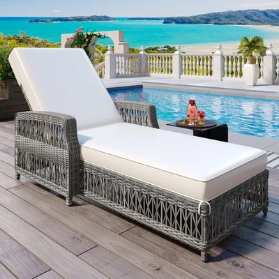 GO Outdoor Reclining Chaise - Wicker, Adjustable, Cushioned (All-Weather, Beige) - Image 1 of 4