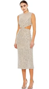 Mac Duggal SEQUIN EMBELLISHED FRONT TWIST CUT OUT COLUMN DRESS Beige Women 2 NEW - Picture 1 of 10