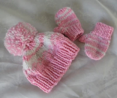 粉色 SPARKLE 帽子 & MITTENS "FITS" 18" 娃娃(适合美国女孩)手工制作/针织 — 第 1/4 张图片