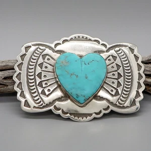 VINTAGE NAVAJO-STERLING & TURQUOISE HEART PIN/PENDANT by HERBERT CAYATINETO - Picture 1 of 3