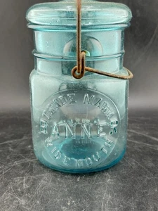 Antique Banner Trade-Mark Wide Mouth Bail Wire Mason Jar Pat 1908 Blue Rare #5 - Picture 1 of 11