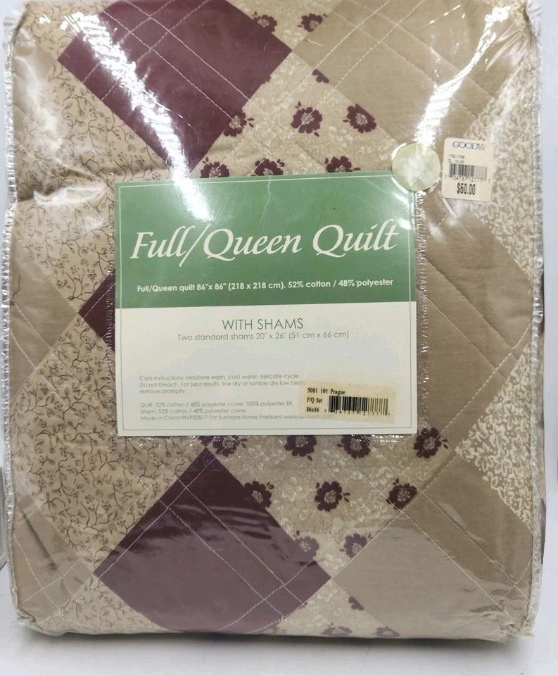 Full/Queen Quilt 86*86 With 2 Shams Burgundy/Tan Sunham Home Fashions Prague - Image 1 of 4