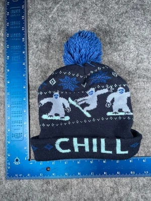 Chill Out Beanie Toque Youth 2-4T Blue Fair Isle Yetis Knit Acrylic Blend Pom - Image 1 of 4