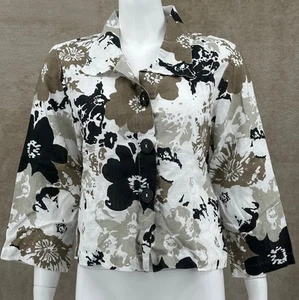 Habitat Jacket Womens Medium 100% Linen Button Up Floral 3/4 Sleeve Artsy Boho - Picture 1 of 10