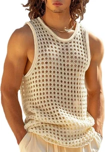 Canotta uomo See Through senza maniche in maglia canotta da spiaggia vuota camicia estiva - Foto 1 di 13