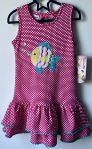 Nannette Mädchen rosa strukturiertes gepunktetes Kleid Fisch Applikation ärmellos neu mit Etikett - Bild 1 von 10