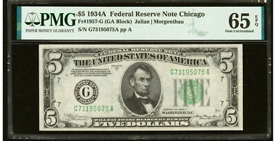 SUPERB 1934A $5 Chicago Federal Reserve Note PMG 65 EPQ Fr 1957-G EMBOSSED!! - Image 1 of 2
