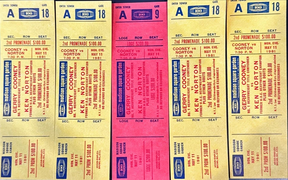 lot of 5 - 1981 GERRY COONEY VS. KEN NORTON FULL TICKETS 5/11/1981. - A577 - Image 1 of 1