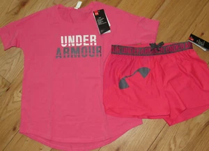 Under Armour wordmark top & shorts set NWT girls' L YLG pink gray - Picture 1 of 2
