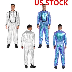 Mens Metallic Shiny Flight Jumpsuit Zipper Front Mock Neck Role Play Dress Up - Picture 1 of 29