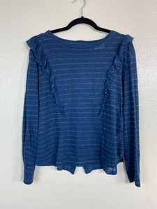 Wrap London Blue Metallic Striped Linen Blend Long Sleeve Ruffle Top Size 10 - Picture 1 of 17