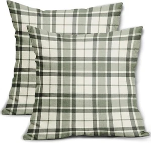 Sage Green Plaid Pillow Covers 20x20 Set of 2 Grey Cream Buffalo Plaid Tartan Pr - Picture 1 of 8
