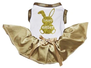 Happy Easter Bunny White Cotton Top Gold Tutu Pet Dog Puppy Dress - Picture 1 of 1