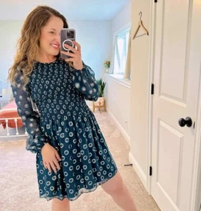 NWT Shoshanna Blue Metallic Smocked Long Sleeve Mini Dress 6 - Picture 1 of 9