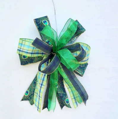 Декоративный бант ручной работы синий и зеленый для венков фонарей дверей подарков - Изображение 1 из 4