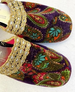 Mules O'omphies vintage anni '60 Paisley in velluto taglia 9? Made in USA - Foto 1 di 17