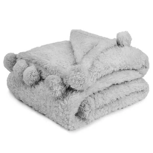 Soft Fuzzy Cozy Pom Pom Throw Blanket with Fluffy Sherpa Fleece for Sofa Couch - Picture 1 of 100