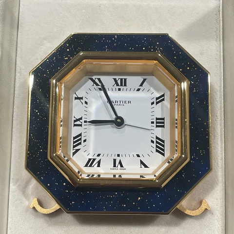 Vintage Le Must de Cartier Lapis Travel Clock W/ Box Works Cover