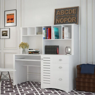 Home Office Computer Desk w/Hutch Work Study Table Storage Shelves Drawers White - Image 1 of 4