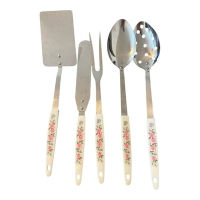 5 PC MID CENTURY KITCHEN UTENSILS DECORATED HANDLE PEACH BLOSSOM STAINLESS Set - Image 1 of 4