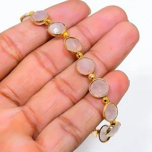 Brazalete de plata de ley 925 hecho a mano con piedras preciosas de cuarzo rosa 7-8" e535 - Imagen 1 de 2