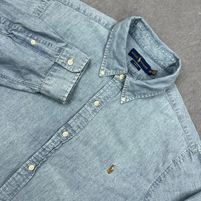 Ralph Lauren Shirt Mens XXL Blue Slim Chambray Denim Flesh Pony Button Up Preppy - Image 1 of 4