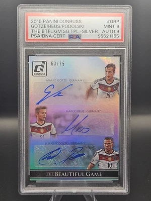 2015 Panini Donruss The Beautiful Game Triple Auto Gotze/Reus/Podolski /75 PSA 9 - Image 1 of 2