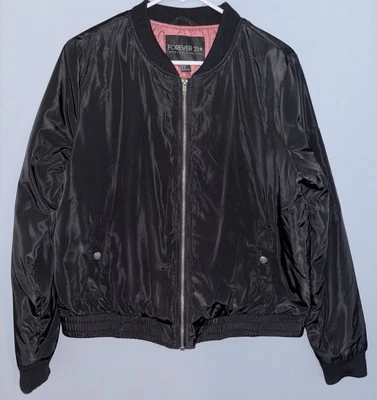 Chaqueta Bomber Forever 21 Negra Satinada Para Mujer Talla Grande 0X Cremallera Completa Ligera Foto 1 de 3