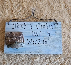 Fishing Plaque "Just a Fishin' and a Wishin'" 4" 3D Decor Vintage Handmade Wood - Picture 1 of 7