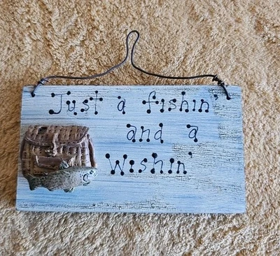 "Just a Fishin' and a Wishin'" Plaque 4" 3D Decor Vintage Handmade Wood - Image 1 of 4