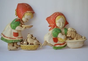 Homco Interiors #7495 Girl washing Dog/Girl feeding Cats MCM Vtg 1970s - Picture 1 of 15