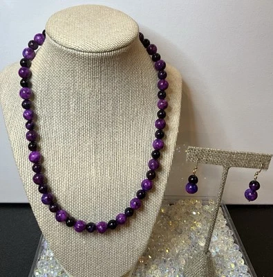 Collar de cuentas de piedra y ojo de tigre púrpura hecho a mano 18k GP pendientes Z Foto 1 de 4