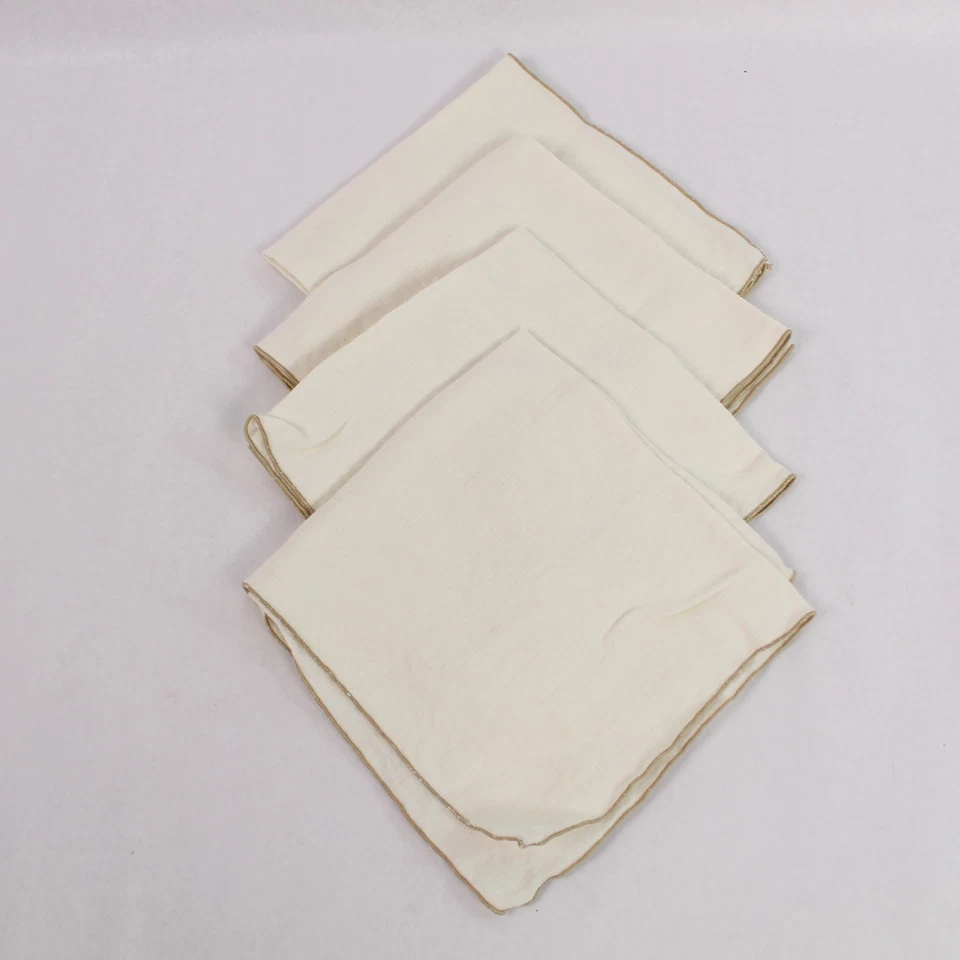 Lot of 4 Cream Woven Cloth Napkins with Brown Trim - Elegant Dining Decor - Image 1 of 4