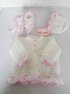 Hand Knit Baby Matinee Jacket Bonnet Bootees Set White & Pink Lace 0 - 3 Months - Picture 1 of 5
