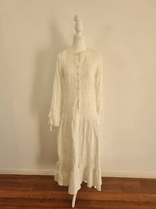 SIR size 0 white bohemian cotton long sleeve high neck maxi dress lace trim - Picture 1 of 13