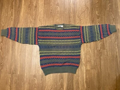 Clairborn XL 针织毛衣复古 100% 棉 90 年代黄色、红色、蓝色和灰色 — 第 1/4 张图片