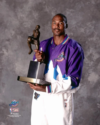 Karl Malone Unsigned Utah Jazz Hardwood Classics Pose w/1997 MVP Cover