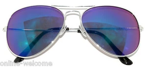 SILVER AVIATOR STYLE METAL FRAME SUNGLASSES SHADES UV400 MIRROR LENS BLUE-GREEN - Picture 1 of 4
