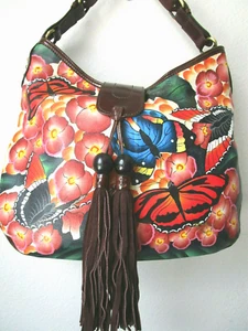 SHARIF HANDBEMALTE LEDER SCHMETTERLING GARTEN SCHULTERTASCHE - NEU MIT ETIKETT - Bild 1 von 12