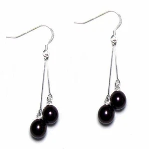 Genuine AAA Black Pearl 925 Silver Double Dangle Hook Earrings - Picture 1 of 1