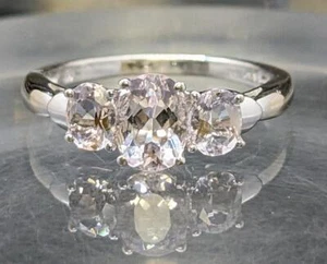 14K Solid White Gold Oval Cut Natural Morganite 3-Stone Engagement R (LP2083450) - Picture 1 of 11