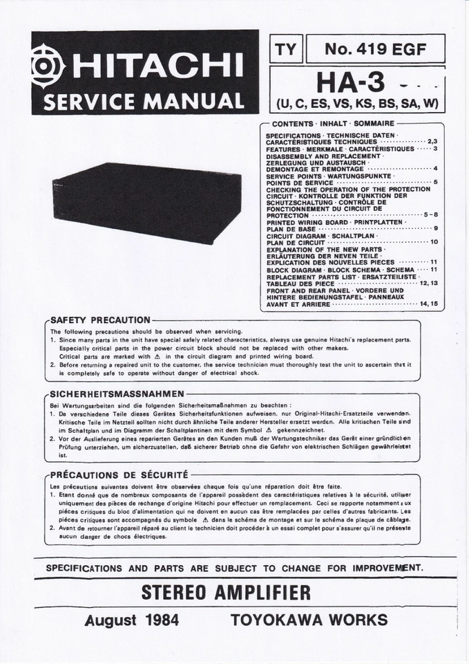 Manuale Di Servizio Per Hitachi HA-3 - Immagine 1 di 1