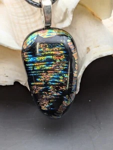 dichroic Multi Color Striped necklace pendant fused glass #86 - Picture 1 of 5