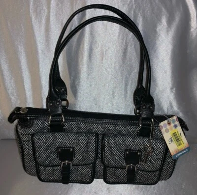 全新带标签 Fossil 单肩包钱包黑色白色粗花呢扣钥匙 — 第 1/4 张图片