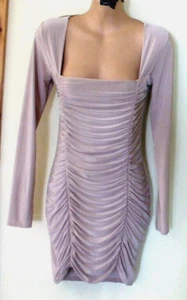 'FEMME LUXE' BNWT GORGEOUS NUDE SQUARE NECK RUCHED BODYCON MINI DRESS SIZE 10 - Picture 1 of 3