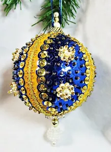 Ornamento spilla paillettes perline bordo oro blu vittoriano fatto a mano #51455-11 - Foto 1 di 3