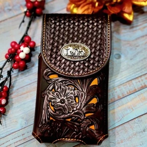 Praying Cowboy Belt Loop Phone Holster Brown Sz LARGE Genuine Leather Brown Tan - Picture 1 of 11