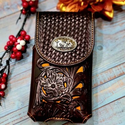 Praying Cowboy Belt Loop Phone Holster Brown Sz LARGE Genuine Leather Brown Tan - Image 1 of 4