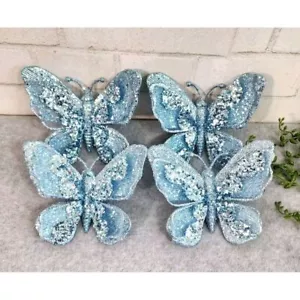 Christmas Light Blue Glitter Butterfly Tree Ornaments Clip On Shabby Chic 4 Pc - Picture 1 of 7