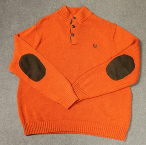 Chaps 100% Cotton Elbow Patch Henley Mock Neck Knit Sweater Logo Orange XL - Picture 1 of 23